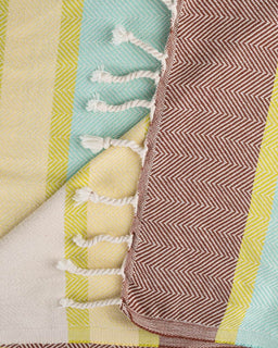 Close-up of a towel with various geometric patterns and colors.