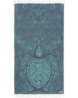 Turkish towel with a turtle design in mint color, featuring swirl patterns and twisted tassels.
