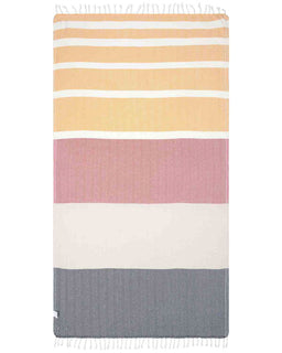 A multi-colored striped towel with twisted tassels, in shades of yellow, pink, white, and blue.
