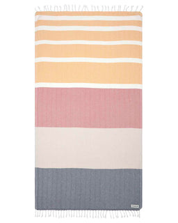 A multi-colored striped towel with twisted tassels, featuring colors such as gray, orange, pink, and white.