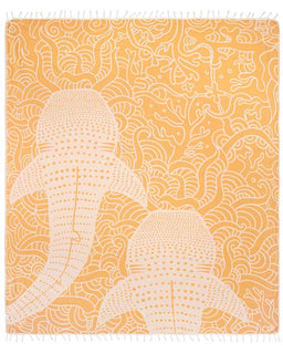 A x-large size towel with a jacquard weave and twisted tassels featuring a sunflower color background with a whale shark design.