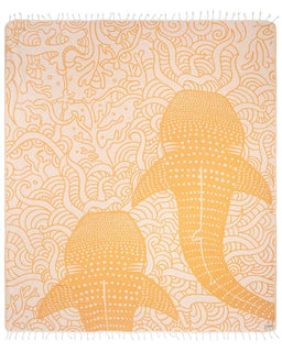 A x-large size beach towel with a jacquard weave design featuring two whale sharks in sunflower yellow color on a beach towel.