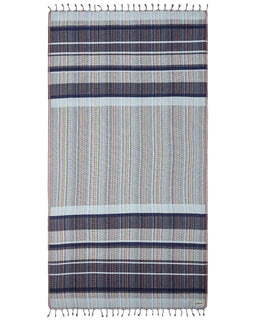 Striped woven towel with blue and brown pattern on a white background