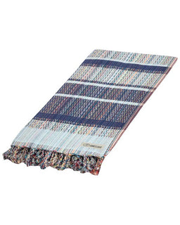 Multicolored woven towel with a brand logo on a white background