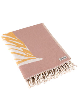 Taupe blanket folded into a rectangle, showing a mustard and cream leaf motif and fringed edge.