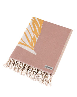 Taupe blanket folded into a rectangle, showing a mustard and cream leaf motif from a different angle.