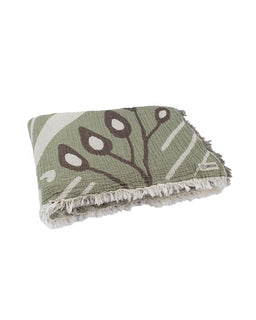 Green blanket with leaf pattern on a white background