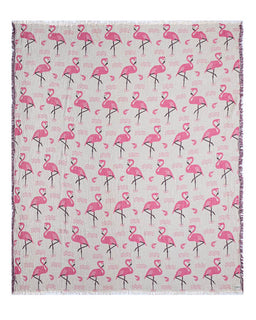 flamingo-patterned throw party blanket with pink design on a white background
