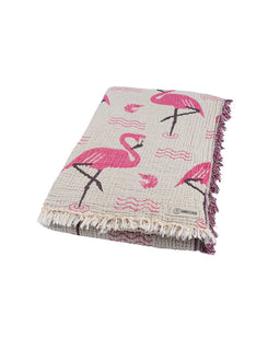 patterned blanket with pink flamingo design on a white background