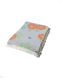 Floral patterned blanket with colorful flowers on a white background