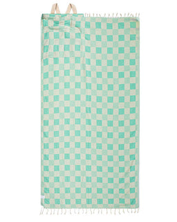Checkered towel with turquoise and white pattern on a white background