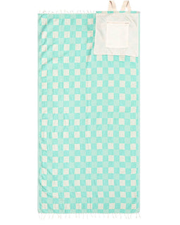 Turquoise and white checkered towel with tassels on a white background