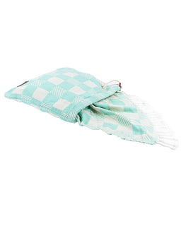  checkered towel bag with white and light blue pattern on a white background