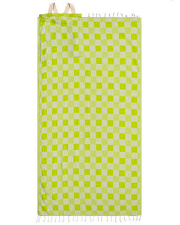 Green and white checkered towel with fringes on a white background