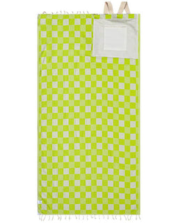 Green and white checkered towel with a pocket on a white background