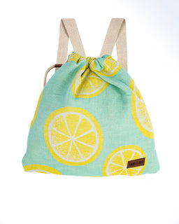 Drawstring bag with lemon pattern on a white background