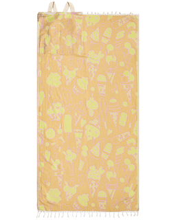 Yellow towel with ice cream pattern on a white background