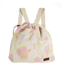Drawstring bag with pink and yellow abstract patterns on a white background