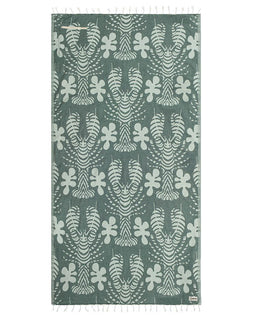 Patterned towel with lobster design on a green background