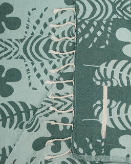 Close-up of a fabric with a green and black pattern, featuring a zipper.