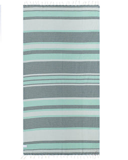 Striped towel with alternating light blue and gray stripes on a white background