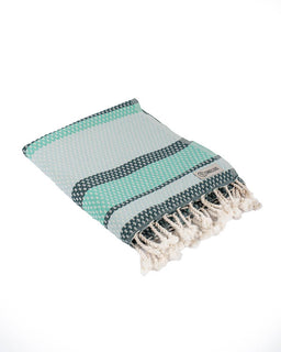 Turquoise and gray striped towel with tassels on a white background