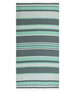Striped towel with green and gray stripes on a white background