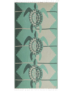 Towel with turtle design and striped pattern on a white background