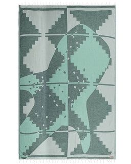 Geometric patterned towel with green and gray design on a white background