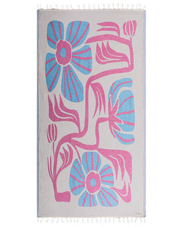 Towel with pink and blue floral patterns on a white background