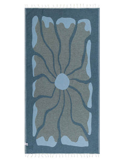 Blue and gray patterned towel on a white background