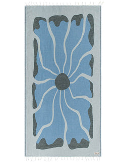 Towel with blue and gray floral pattern on a white background