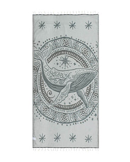 Gray towel with whale design and star patterns on a white background