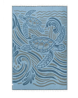 Towel with turtle and wave design in blue and gray