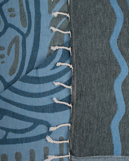 Close-up of a fabric with blue and gray patterns