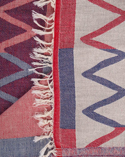Close-up of a fabric with zigzag pattern in red, blue, and gray.