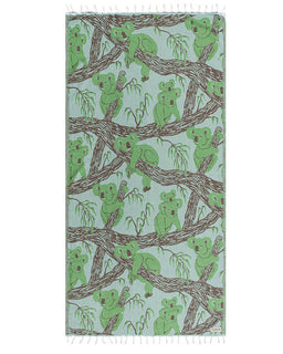 Towel with green koala bears and branches pattern on a light blue background