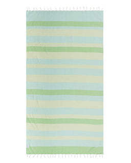 Striped towel with green and blue horizontal stripes on a white background
