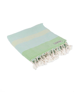 Green and light blue striped towel with tassels on a white background