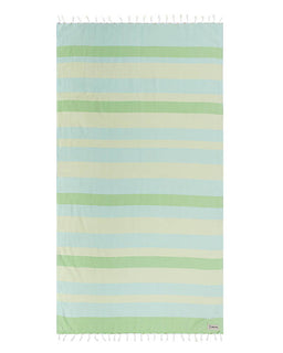 Striped towel with green and blue horizontal stripes on a white background