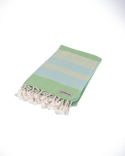 Green and light blue striped towel with tassels on a white background