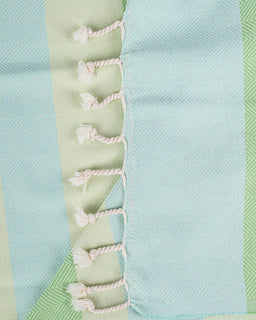 Close-up of a towel with green and blue fabric and braided trim.