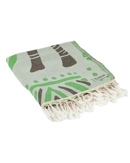 Green and beige towel with leaf pattern on a white background