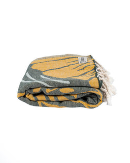 Folded towel with yellow and gray pattern on a white background