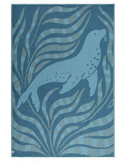 towel with a sea lion design on a blue background