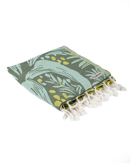 Green and white patterned towel with tassels on a white background