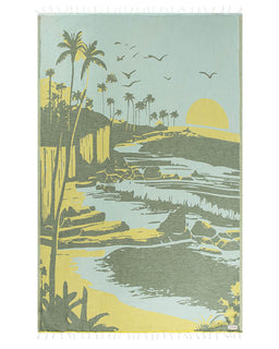 Towel with a tropical landscape design featuring palm trees, and a sunset.
