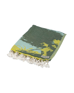 Green towel with white tassels on a white background