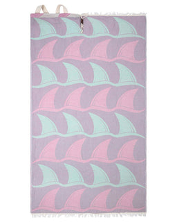 Towel with pink and green wave pattern on a purple background