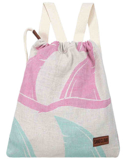 Drawstring bag with pink and blue abstract design on a white background